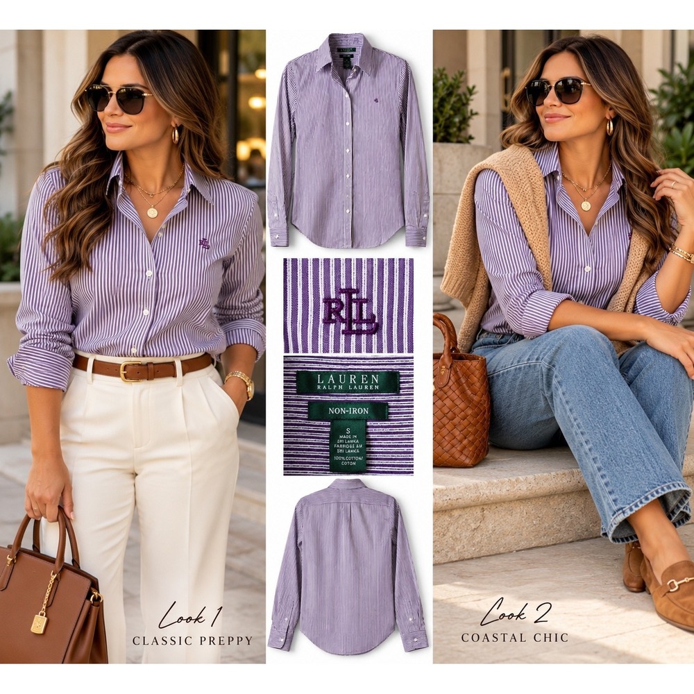 Lauren Ralph Lauren Purple Striped Non-Iron Cotton Button Down Shirt Small
